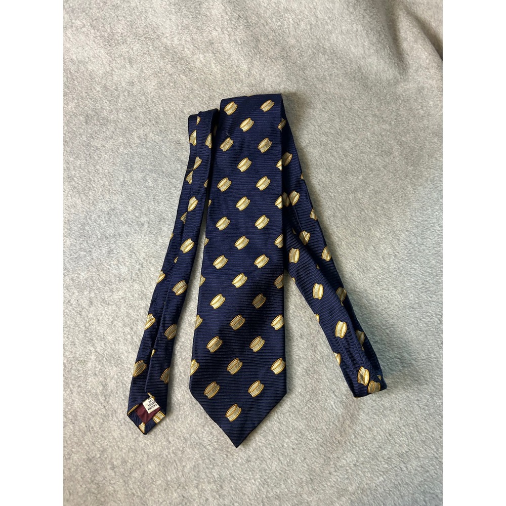 Paul Fredrick Mens Navy Blue Gold Silk Hand Tailored‎ Drum Pattern Necktie USA